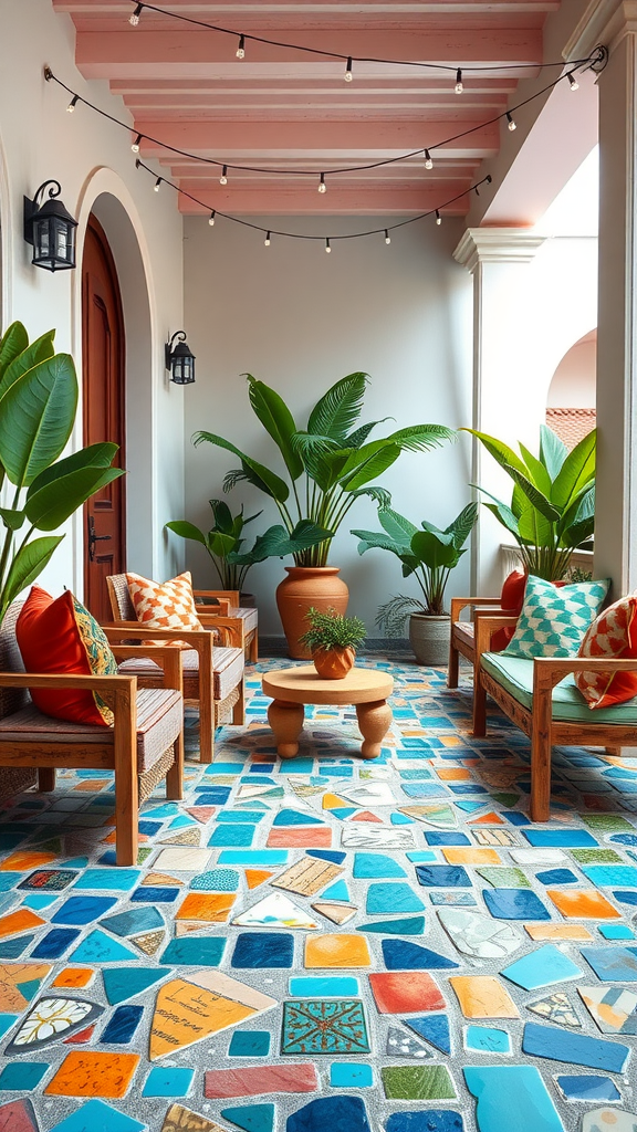 A boho patio with colorful mosaic tiles, wooden chairs with vibrant cushions, potted plants, and string lights.