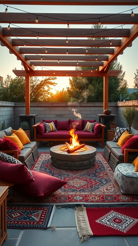 Boho-style patio with a fire pit surrounded by colorful cushions and string lights.