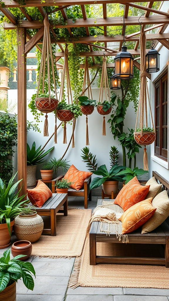 A cozy boho patio featuring hanging plants, wooden furniture, and vibrant pillows