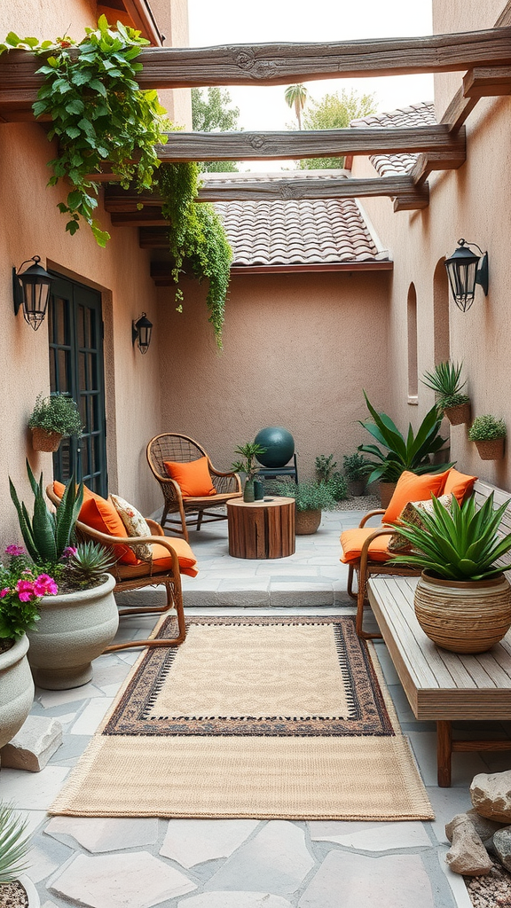 A cozy boho patio featuring natural stone flooring, warm orange cushions, and lush greenery.