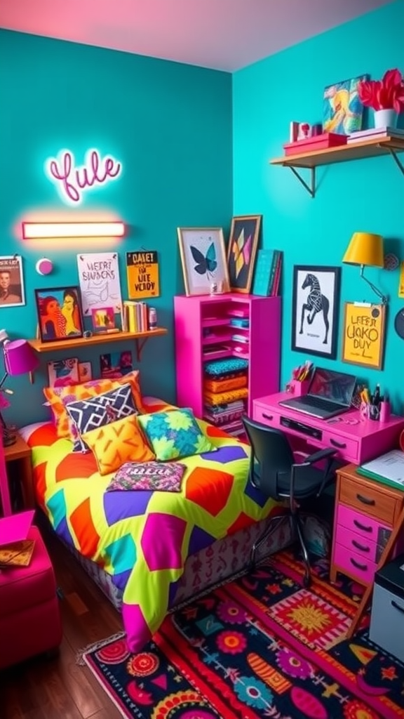 A vibrant dorm room with a turquoise wall, colorful bedding, and bright pink furniture.