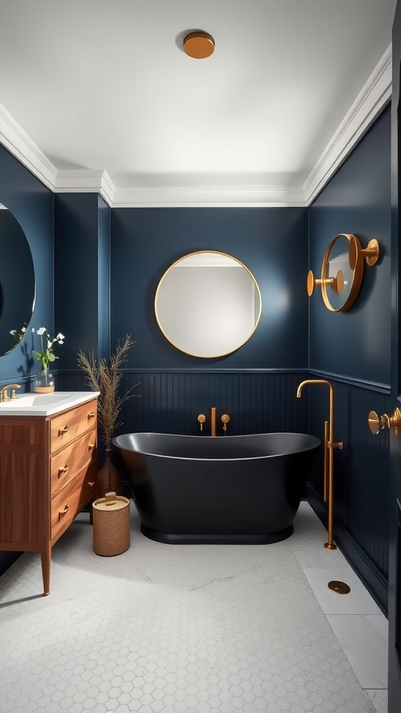 A modern bathroom featuring bold blue walls, gold fixtures, a black tub, and a wooden vanity.