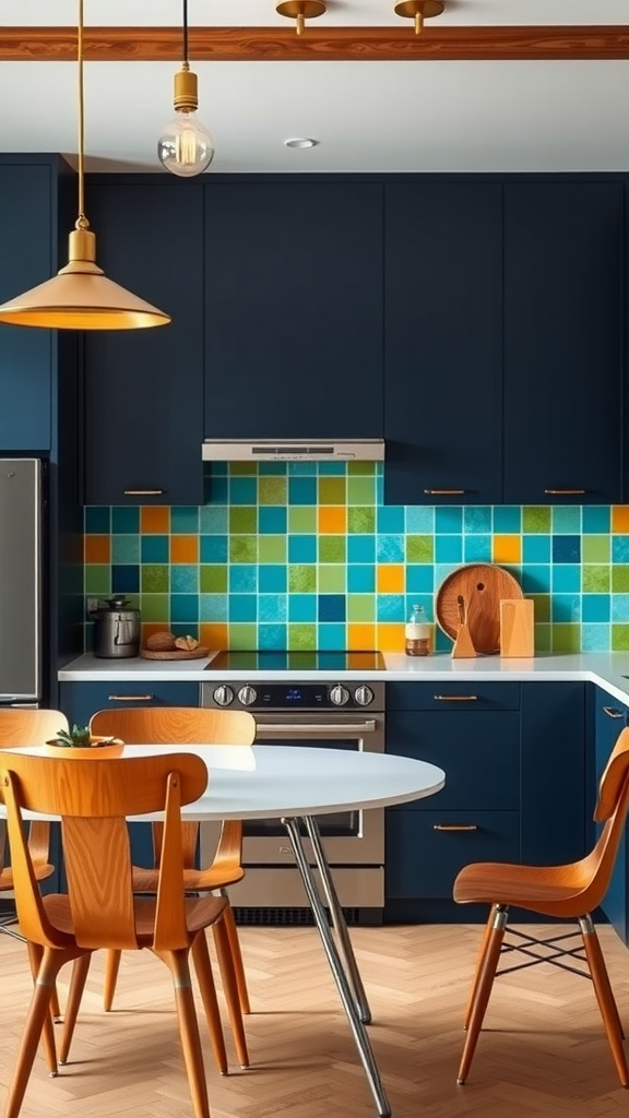 A modern kitchen featuring navy blue cabinetry, a vibrant tiled backsplash with greens and oranges, and a round white dining table with wooden chairs.