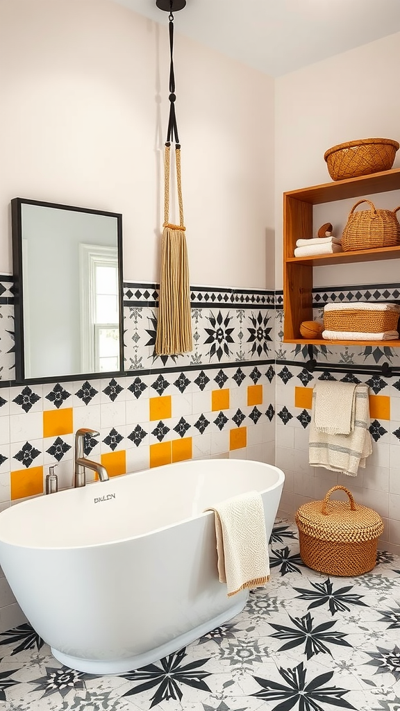 A bohemian bathroom featuring bold geometric tiles and a freestanding tub.