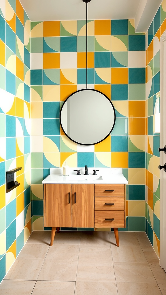 A modern bathroom with bold geometric wall tiles in teal, yellow, and green, featuring a wooden vanity and circular mirror.