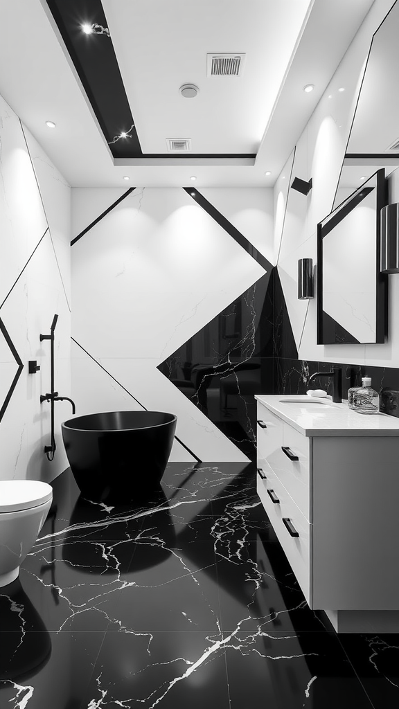 A modern black and white bathroom featuring geometric patterns, a black tub, and a sleek vanity.