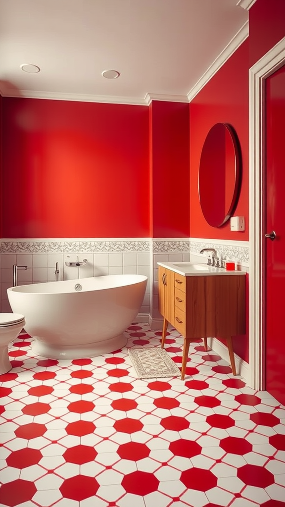 A bold red and white mid-century modern bathroom featuring a freestanding bathtub and patterned tiles.