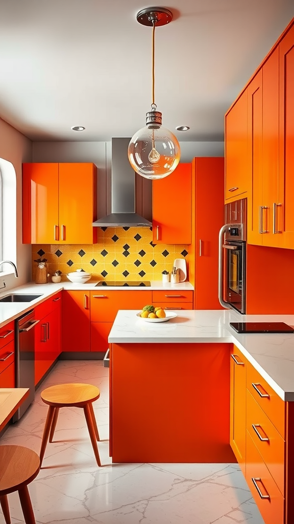 A bright orange kitchen featuring modern cabinets, a yellow patterned backsplash, and minimalist fixtures.