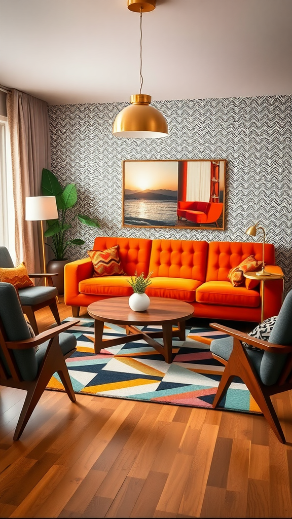 Cozy mid-century modern living room with an orange sofa and bold statement lighting