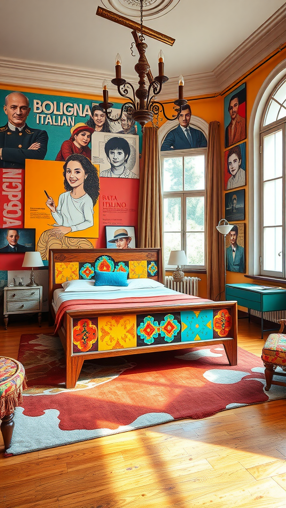 A colorful Italian bedroom with artistic wall designs, a wooden bed, and a vibrant rug.