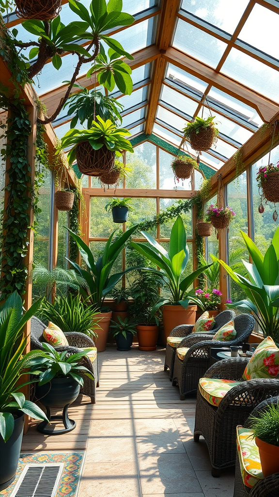 A cozy botanical garden covered patio with lush plants and comfortable wicker seating.