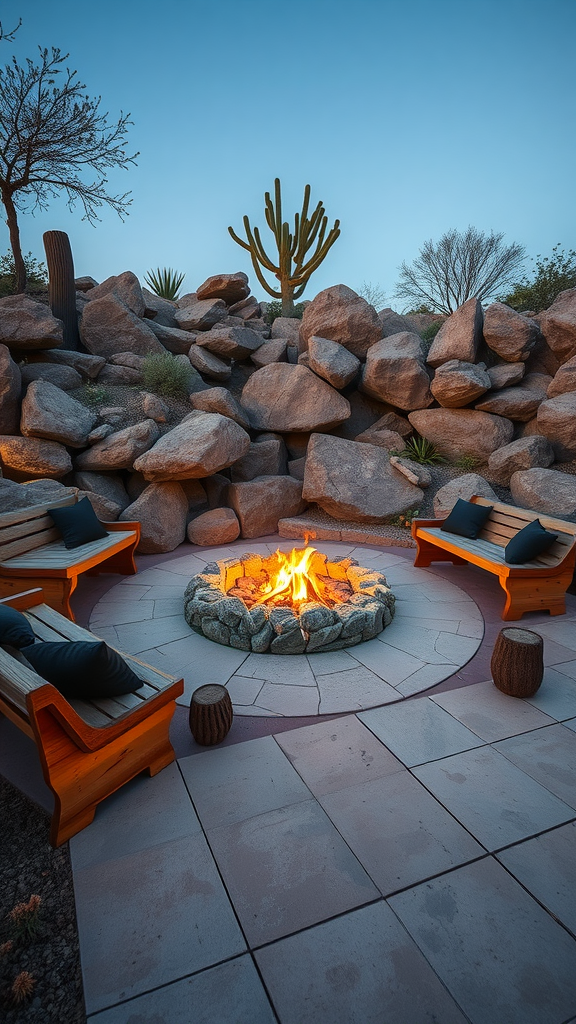 A beautiful boulder fire pit surrounded by wooden seating in a serene outdoor setting.