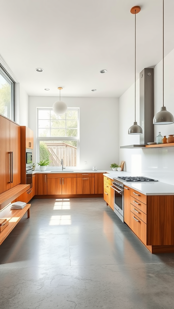 Bright and airy mid-century modern kitchen with large windows and warm wooden cabinetry.