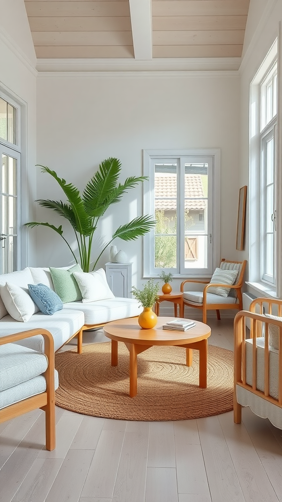 Bright and breezy mid-century modern living room with white sofa, wooden furniture, and large windows