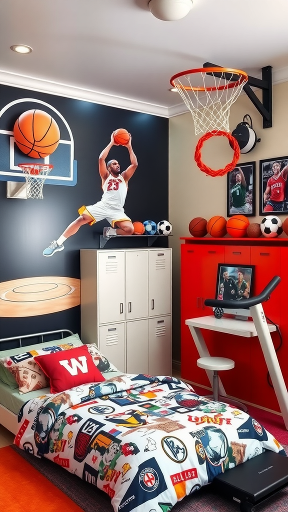 A vibrant teen boy bedroom featuring a basketball motif, sports-themed bedding, and exercise equipment.