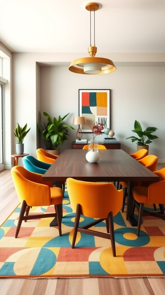 Bright mid-century modern dining room with colorful chairs and geometric rug