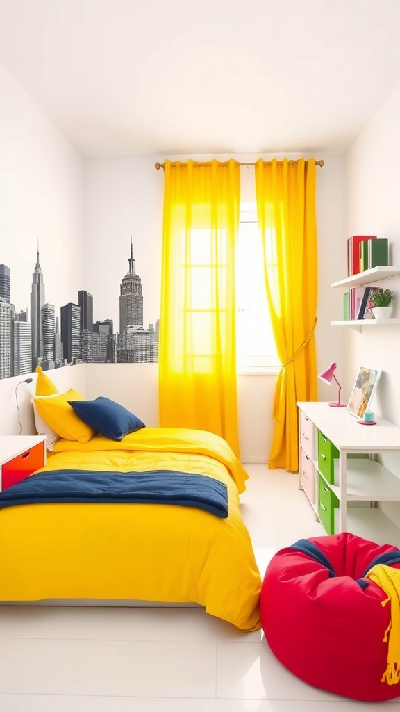 A bright teenage boy's bedroom featuring yellow bedding, navy accents, and a city skyline mural.