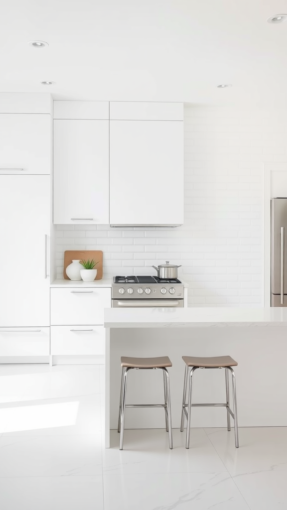 A bright white minimalist mid-century kitchen featuring sleek cabinetry, stainless steel appliances, and a simple kitchen island with bar stools.