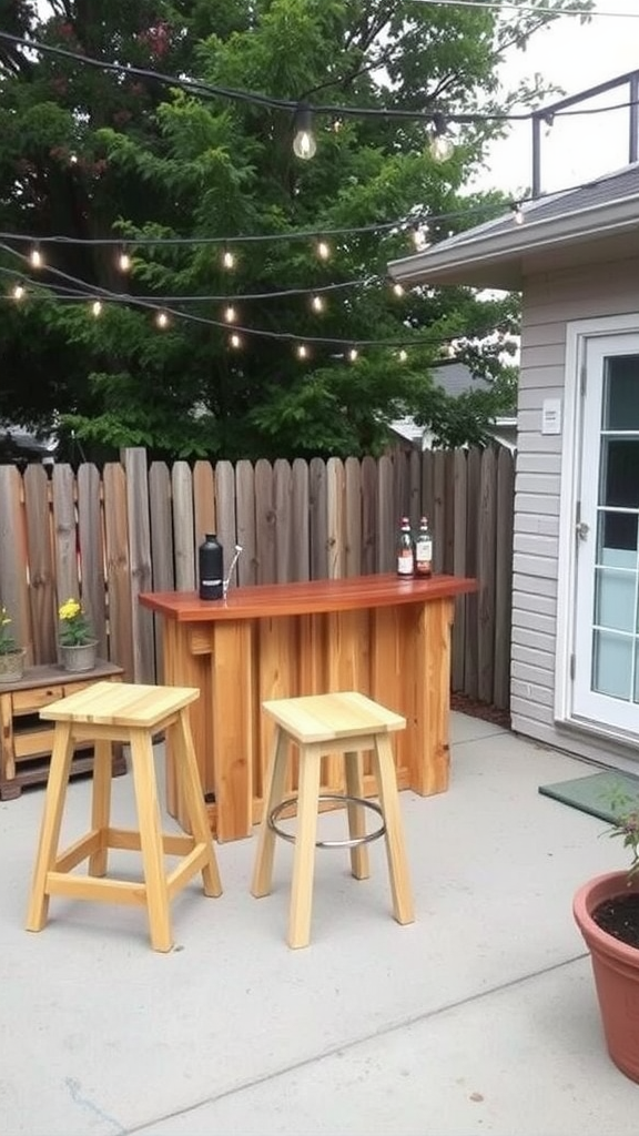 A cozy outdoor bar area with a wooden bar, stools, and string lights.