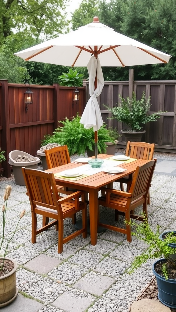 Outdoor dining area featuring a wooden table, chairs, and an umbrella surrounded by potted plants.