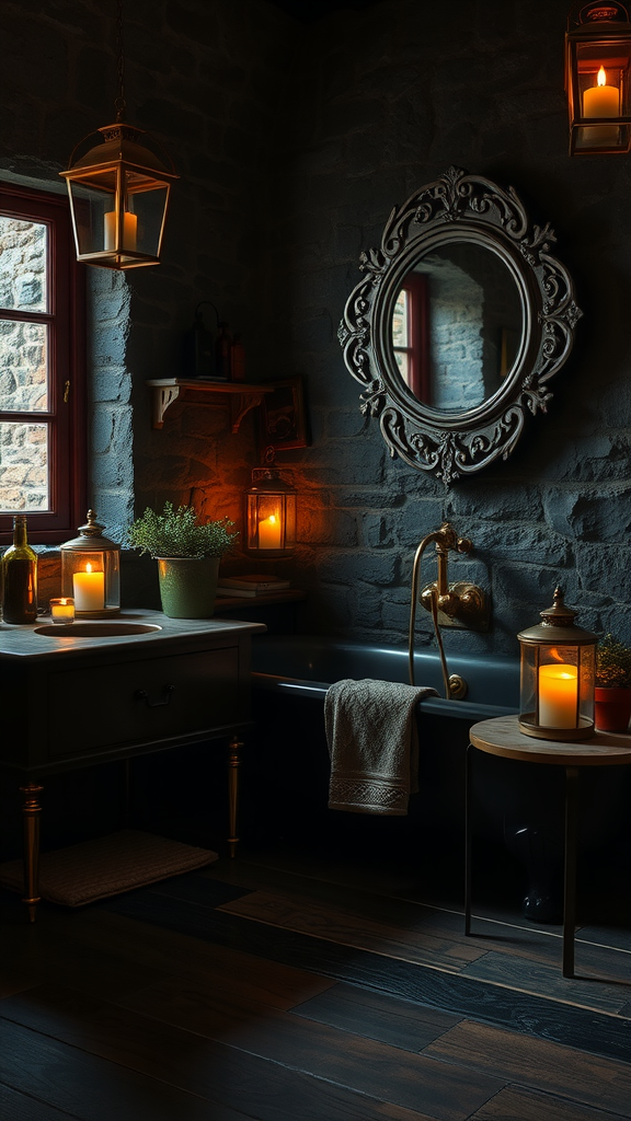 Dark cottagecore bathroom with candles and rustic decor.