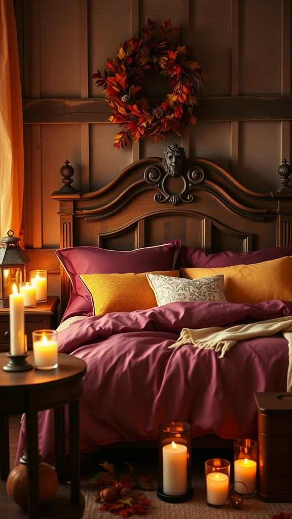 Cozy fall bedroom with a bed dressed in purple linens, colorful pillows, a candlelit atmosphere, and a wreath of autumn leaves.