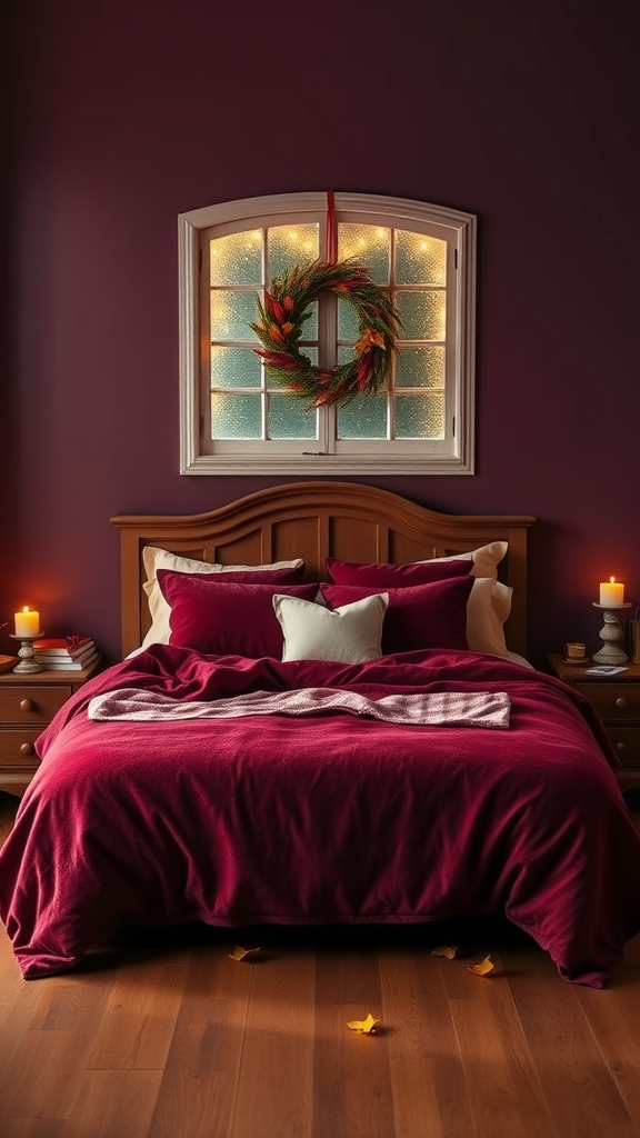 Cozy fall bedroom with burgundy walls, a wreath on the window, candles, and a comfy bed