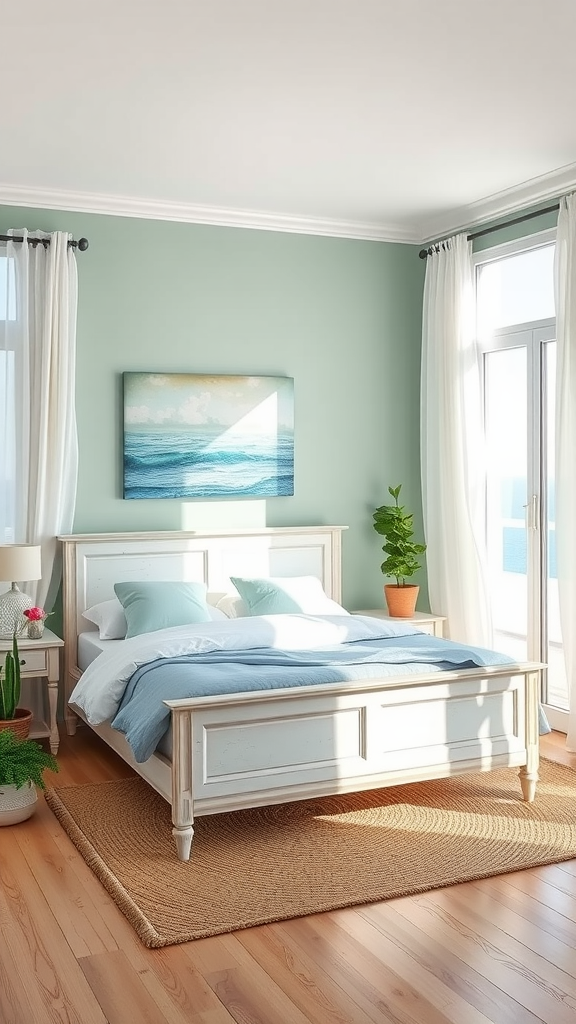 Bright and airy bedroom with light blue walls, a white bed, and large windows overlooking the sea.