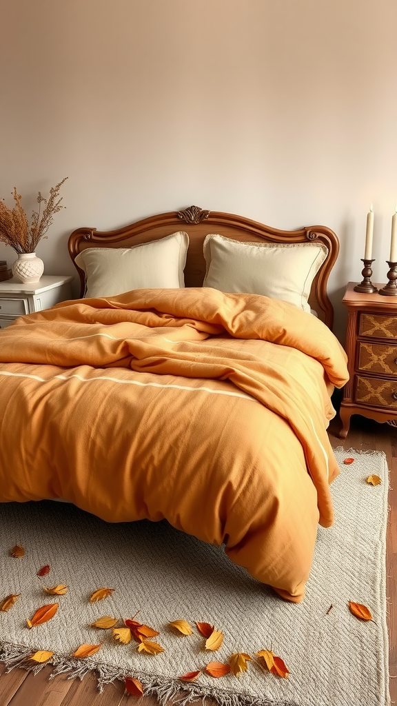 Cozy bedroom with an orange duvet, wooden bed frame, and autumn leaves on the floor.