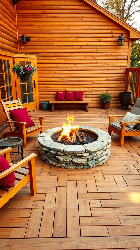 Cedar wood patio fire pit setup with stone surround and wooden chairs