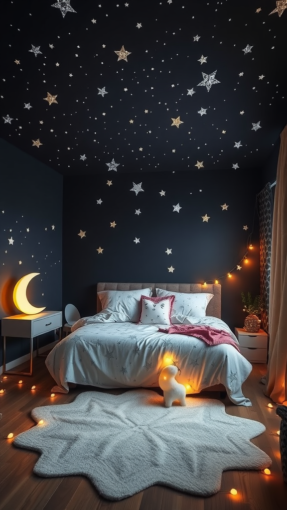 A cozy bedroom with a starry ceiling, soft bed, and playful decor