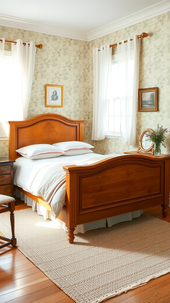 Charming guest bedroom with wooden bed, floral walls, and natural light