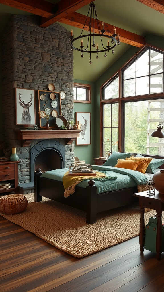 A charming woodland bedroom with a stone fireplace, large windows, and cozy decor.