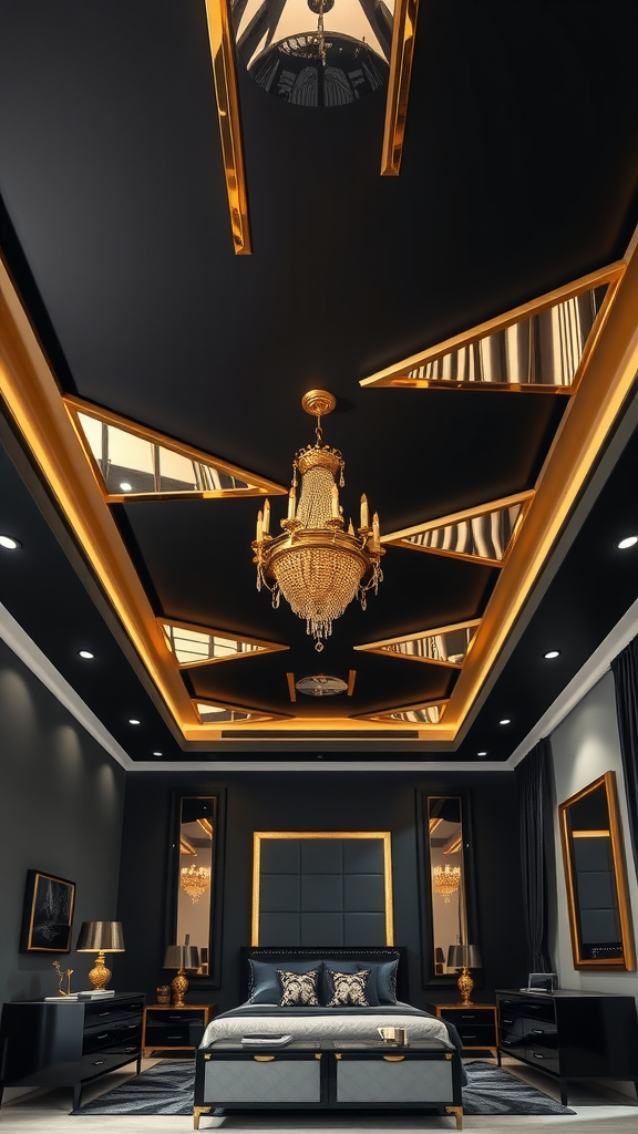 A stylish bedroom ceiling featuring black and gold design elements with a chandelier.