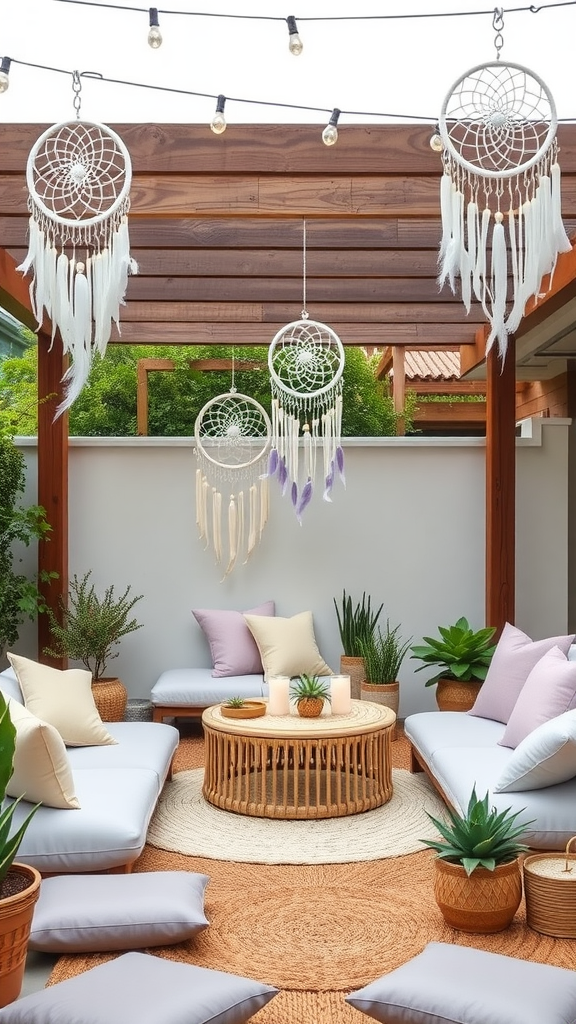 Chic boho patio featuring dreamcatchers, soft seating, and potted plants.