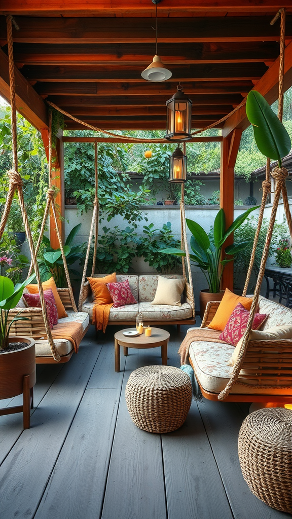 Cozy boho patio with hanging daybeds, colorful cushions, and greenery