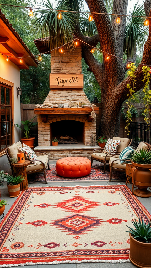 A boho chic patio featuring an outdoor rug and a fireplace, surrounded by plants and comfortable seating.