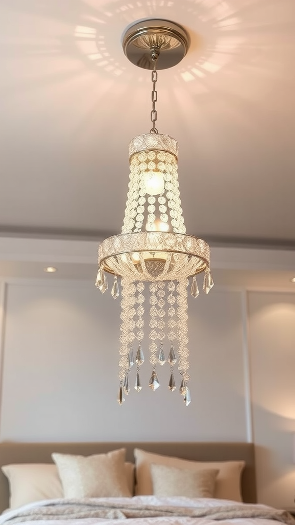 Chic crystal pendant light hanging from a ceiling above a bed