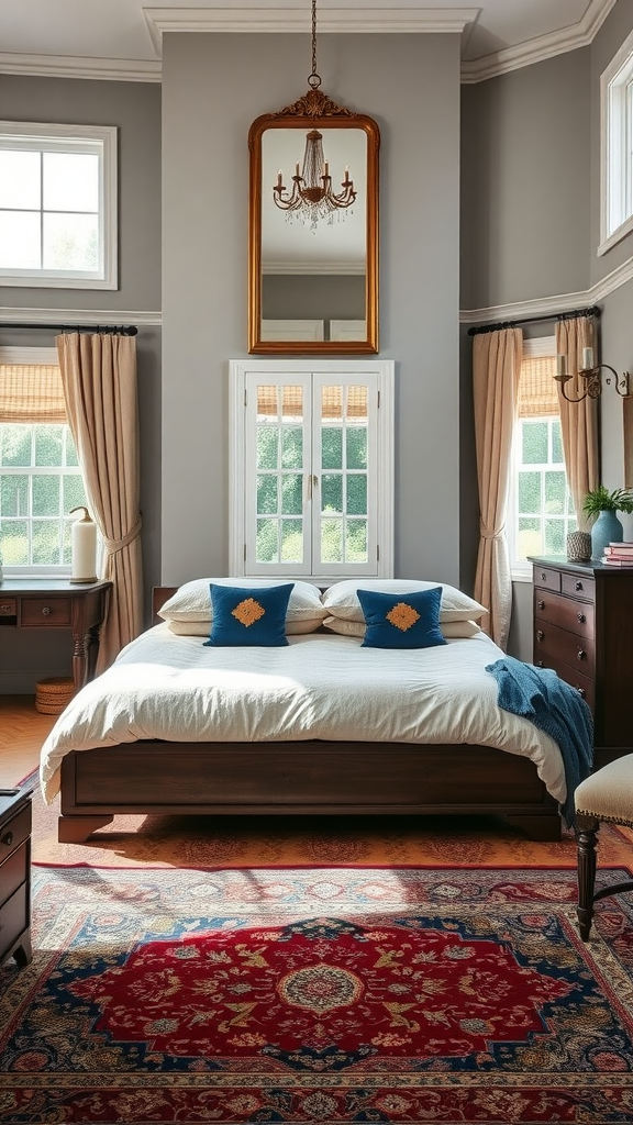 Chic English country bedroom with wooden bed, blue cushions, and a red area rug