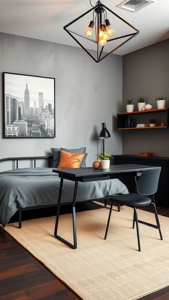 Stylish industrial bedroom with black furniture, warm lighting, and modern decor