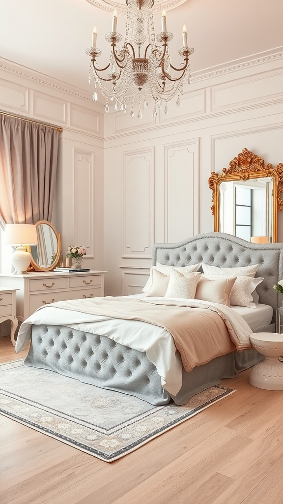 Chic Parisian penthouse bedroom with a tufted bed, chandelier, and elegant decor