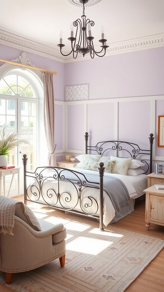 A chic pastel bedroom featuring lavender walls, a black metal bed frame, and a cozy armchair