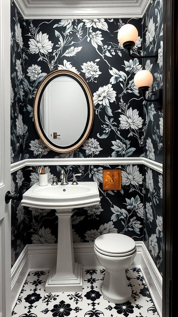 Stylish black and white powder room featuring floral wallpaper, elegant sink, and patterned floor.