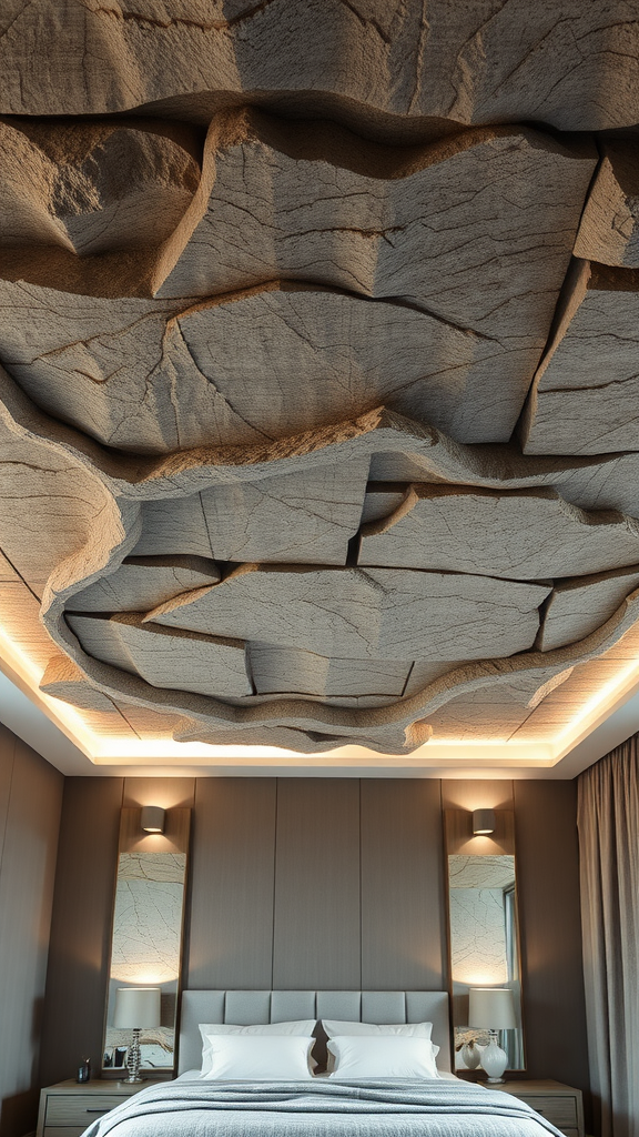 A textured chiseled stone ceiling with accent lighting in a modern bedroom