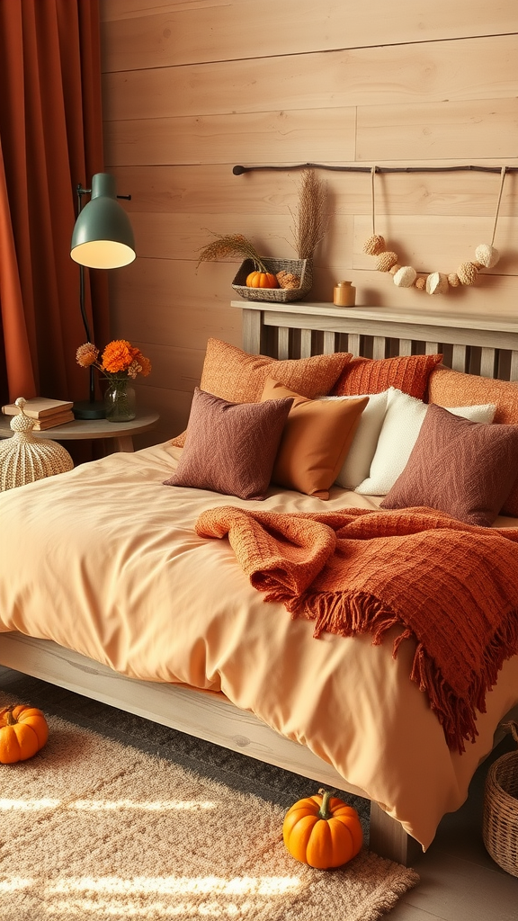 Cozy fall bedroom with orange tones, soft bedding, and pumpkins