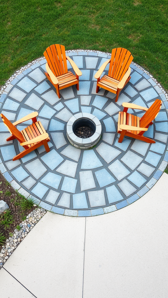 Circular flagstone patio with a fire pit and orange chairs.