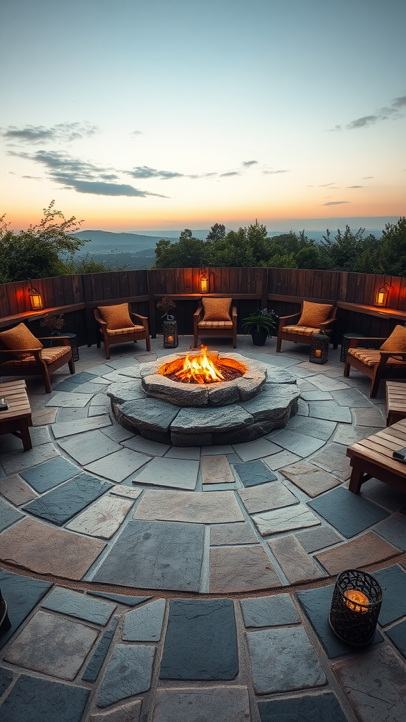 Circular flagstone patio featuring a fire pit surrounded by seating and a scenic view.