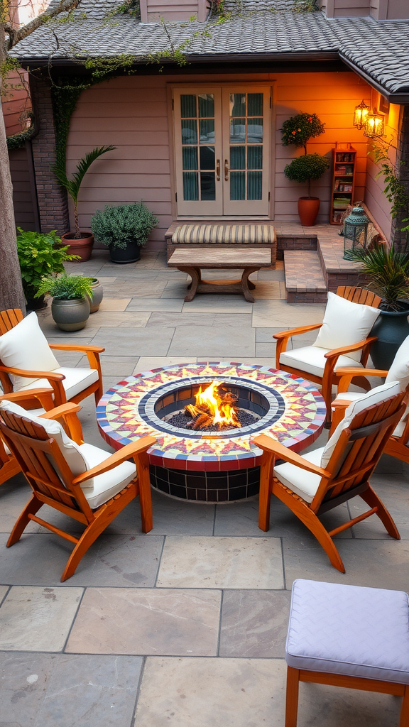 A cozy outdoor setting featuring a circular mosaic fire pit surrounded by wooden chairs and soft lighting.