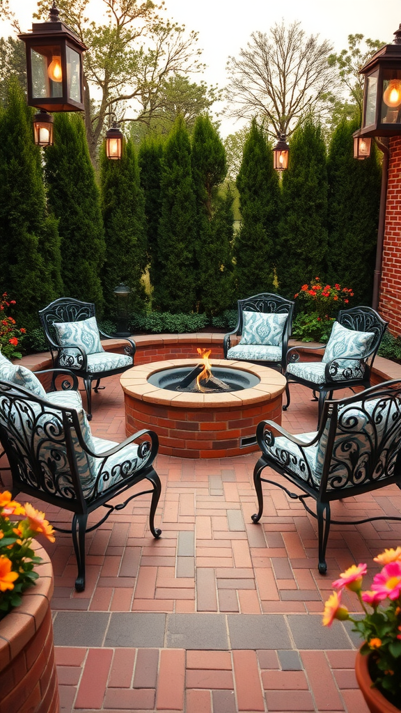 A classic brick patio fire pit surrounded by chairs and plants, creating a cozy outdoor space.