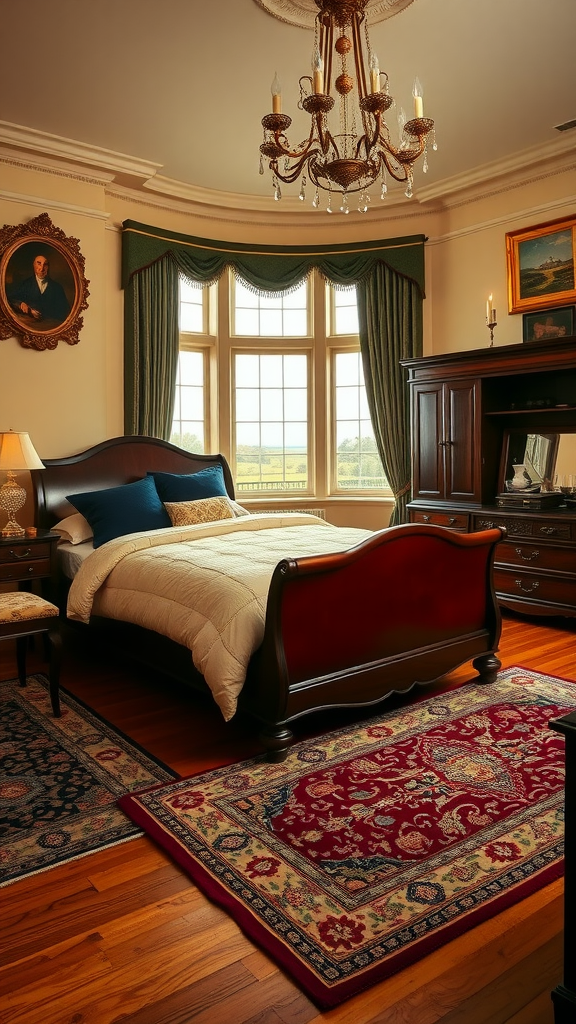 Elegant bedroom in an English country manor featuring a wooden bed, patterned rugs, a chandelier, and scenic windows.